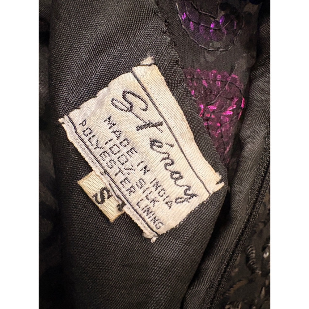 Vintage Silk Sequin Top Womens Small Black Pink Blue Beaded Evening Blouse - Picture 3 of 3